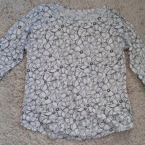 Talbots Floral Cotton Knit Top Petite Medium Black White Tie Sleeve Casual